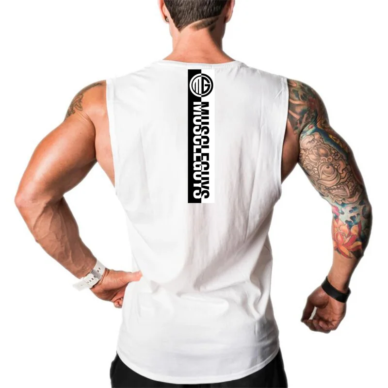 Summer Men Vests Gym Pumping iron Sleeveless Basketball Training Sport  Fitness Breathable Cotton Bodybuilding Tank Top T-Shirt