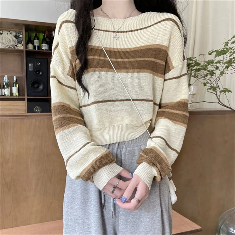 Women Trendy Striped Patchwork Chic Kawaii Knitted Sweaters Y2K Female Casual Streetwear Long Sleeve Loose Pullover Tops Jumpers