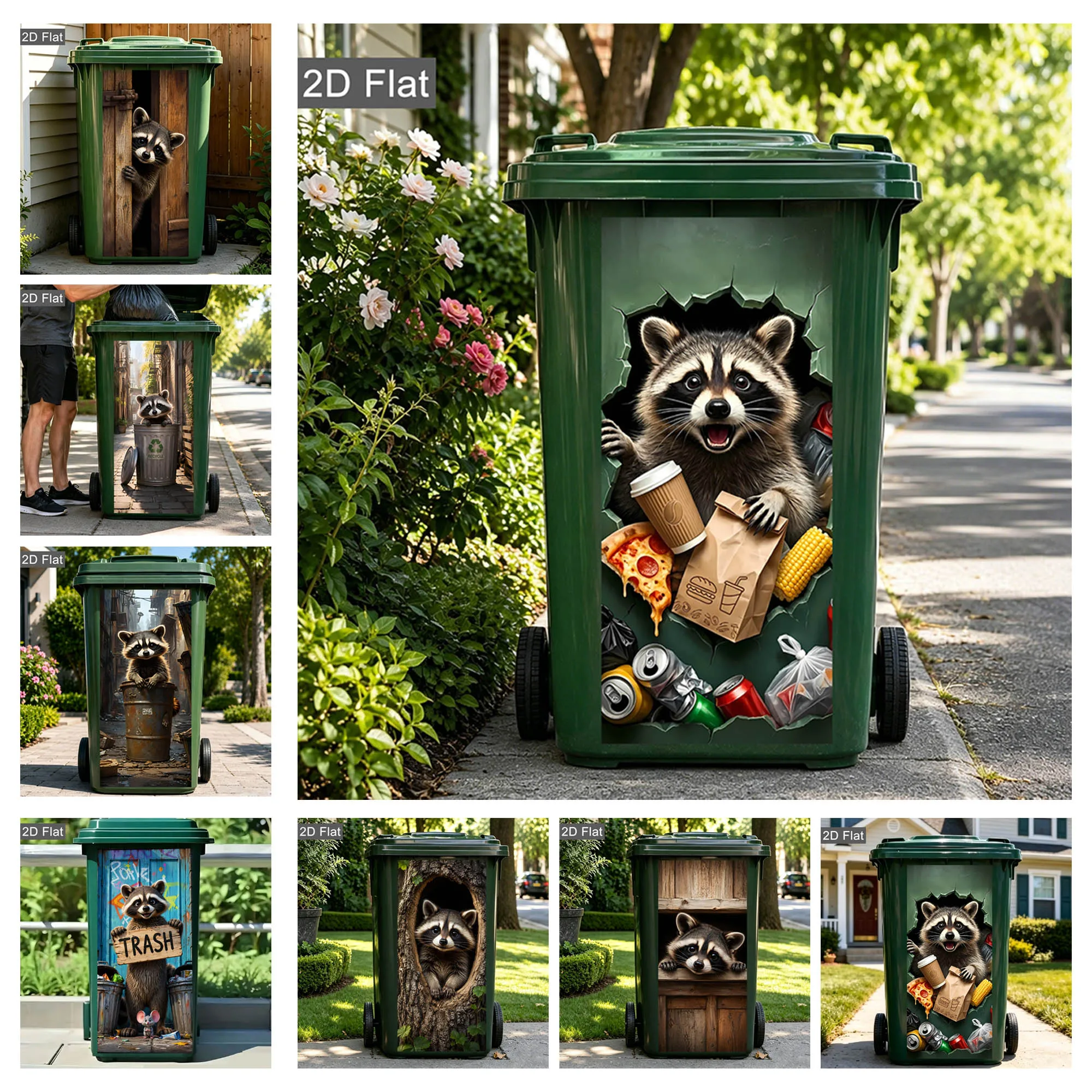 Image of 7 Stile Aufkleber mit spähenden Waschbären für Mülltonnen, lustiges 2D-Design, wasserdichter Outdoor-Aufkleber für Abfallbehälter am Straßenrand