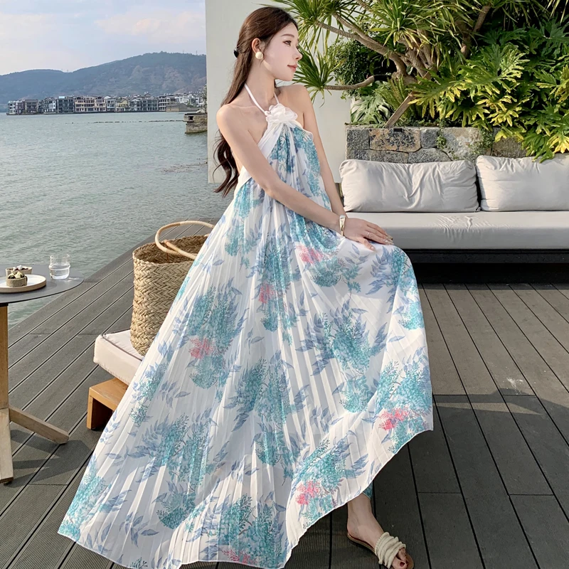 

Factory Tea Break Halter Neck Backless Strap Dress for Women Summer Beach Vacation Style