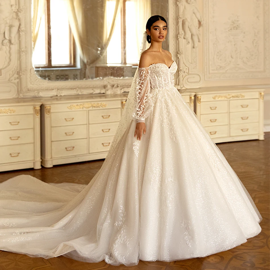 

Fascinating Strapless Beading Lace Bridal Gown A-line Lantern Sleeve Wedding Dress With Chapel Train