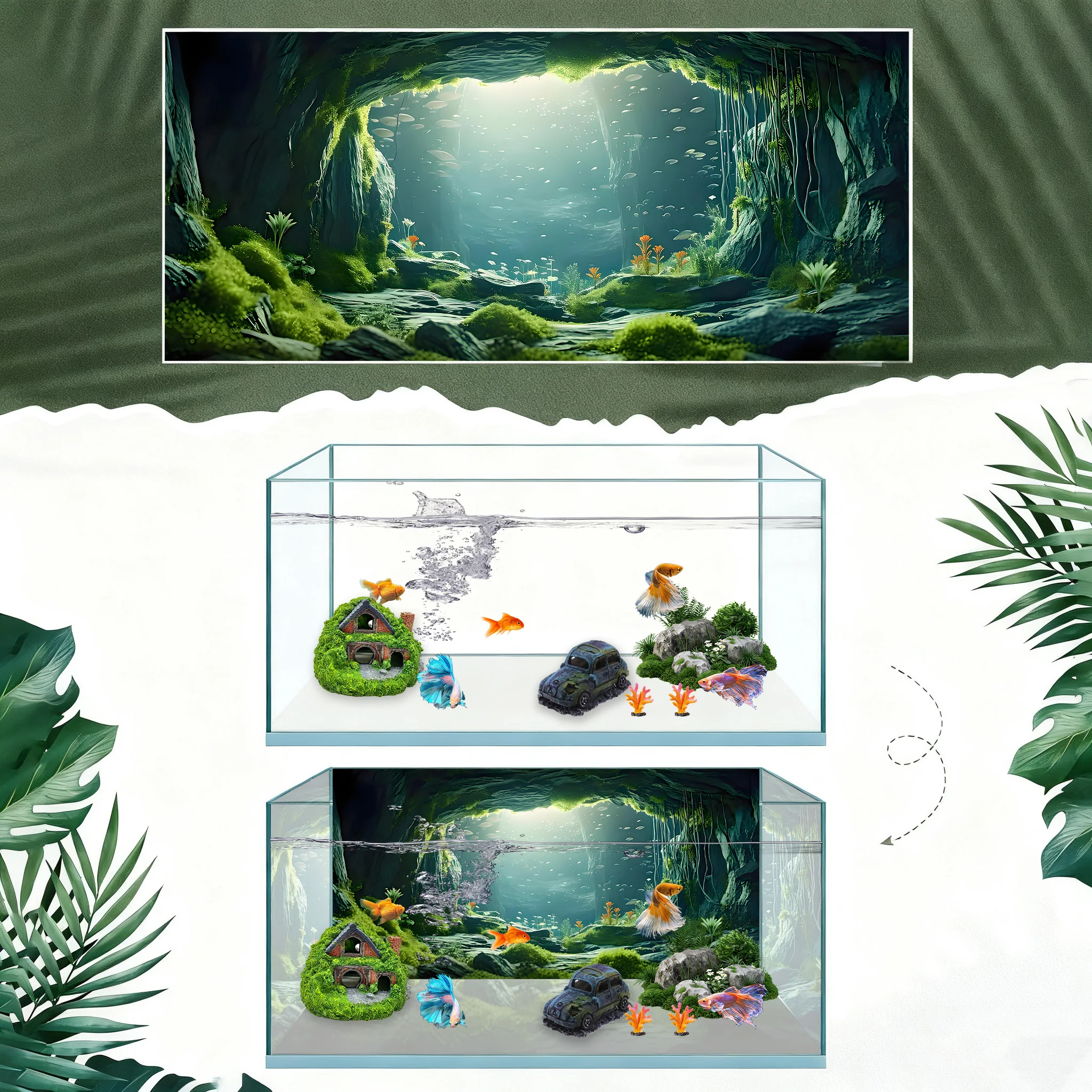 Aquarium-Hintergrund, Hintergrund für Fischbecken, Unterwasserhöhle, Aquarium-Dekoration, selbstklebender 2D-Flachsticker für die Vorderseite. – Detail 4