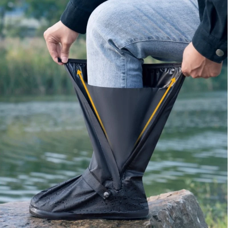 Capa de Sapato Reutilizável Antiderrapante Impermeável para Chuva, Bota de Cano Alto Preta, Protetor de Calças para Ciclismo e Caminhada