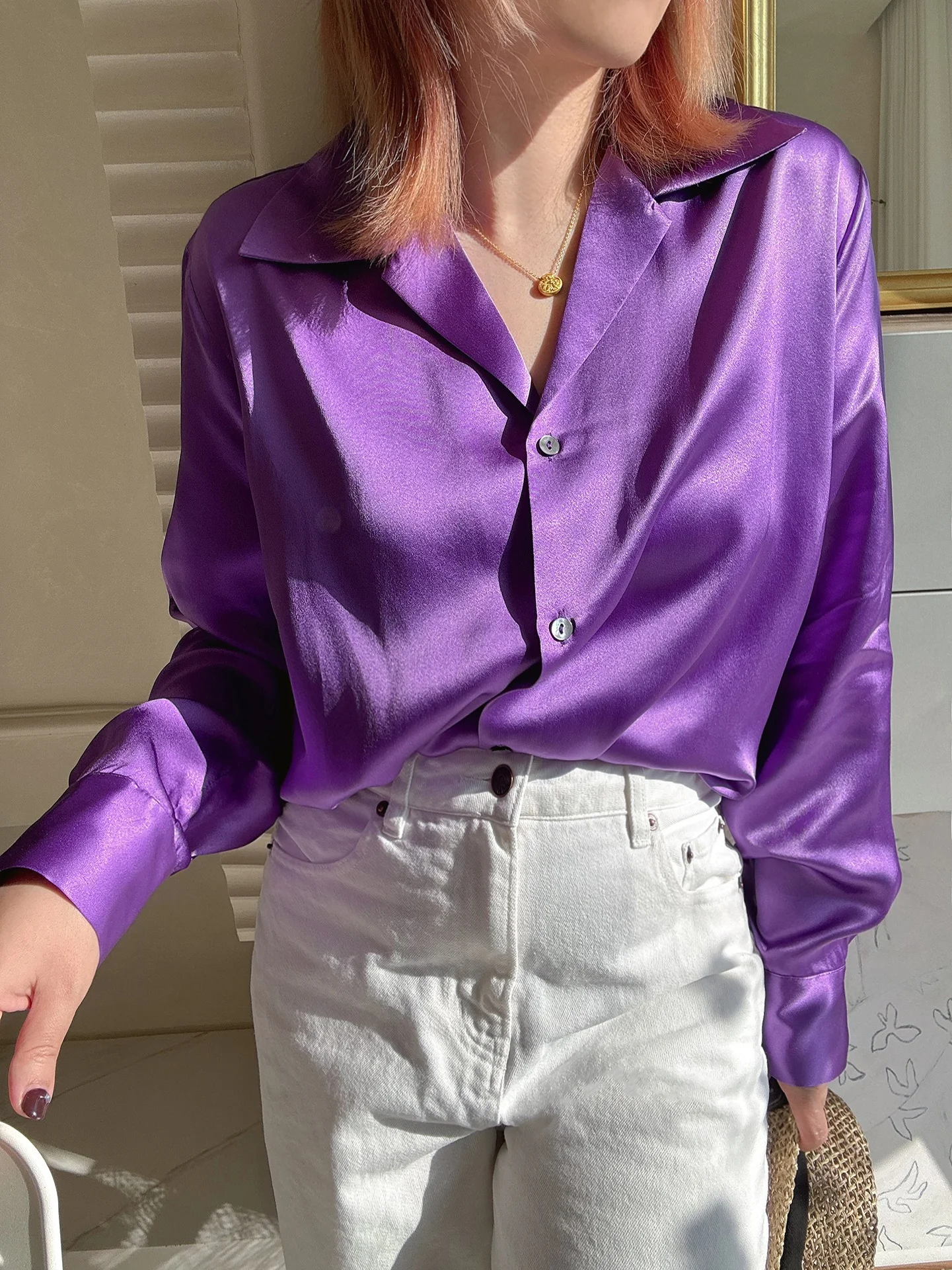 

Retro Luxury Long Sve irt Waed Silk Charmeuse arp Collar High Light Nebula Purple Women's Loose Fit Faion Spring S...