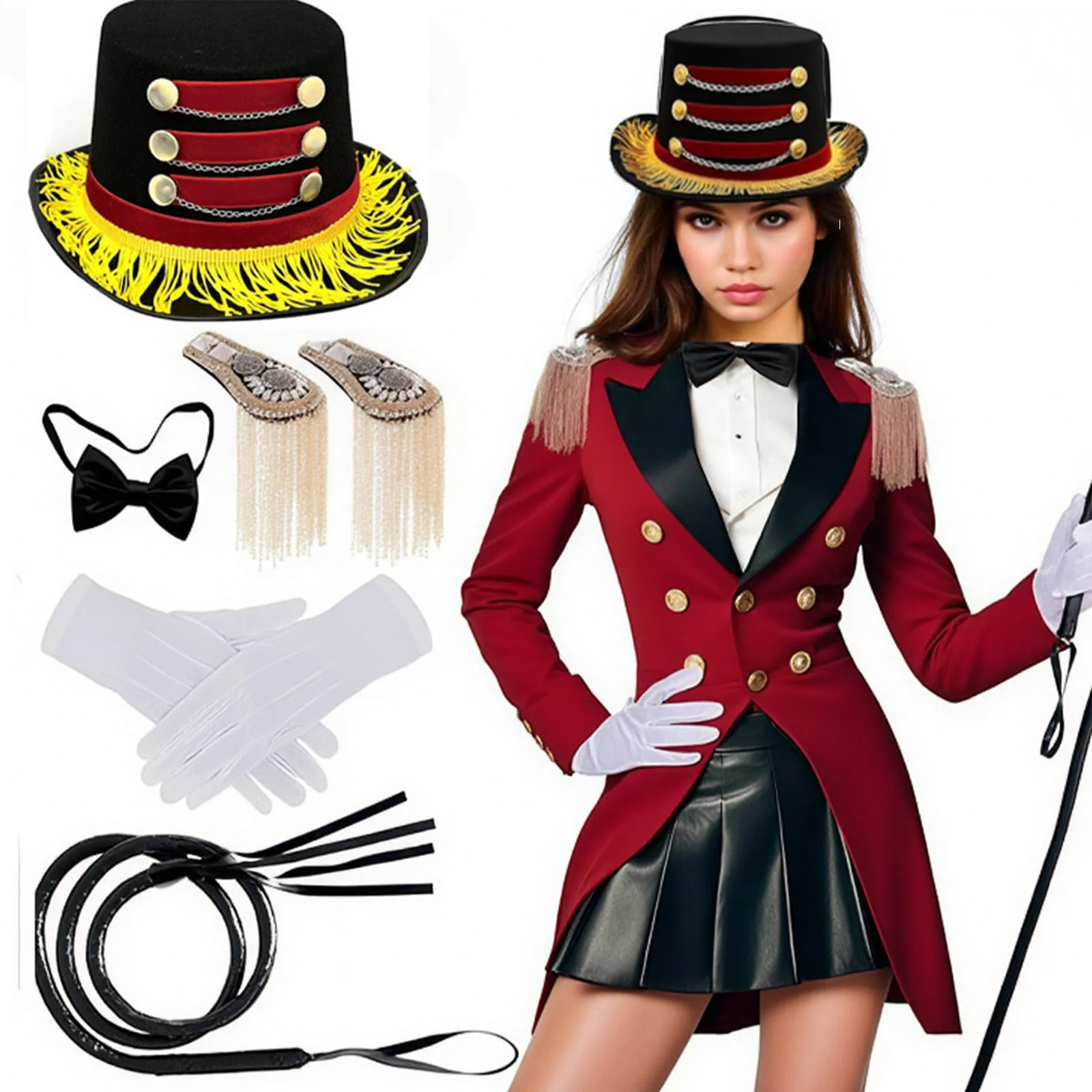 Circus Costumes Accessories Set with Top Hat Gloves Epaulets Bow Tie Whip Or Wand for Adults Halloween Magician Cosplay Costume