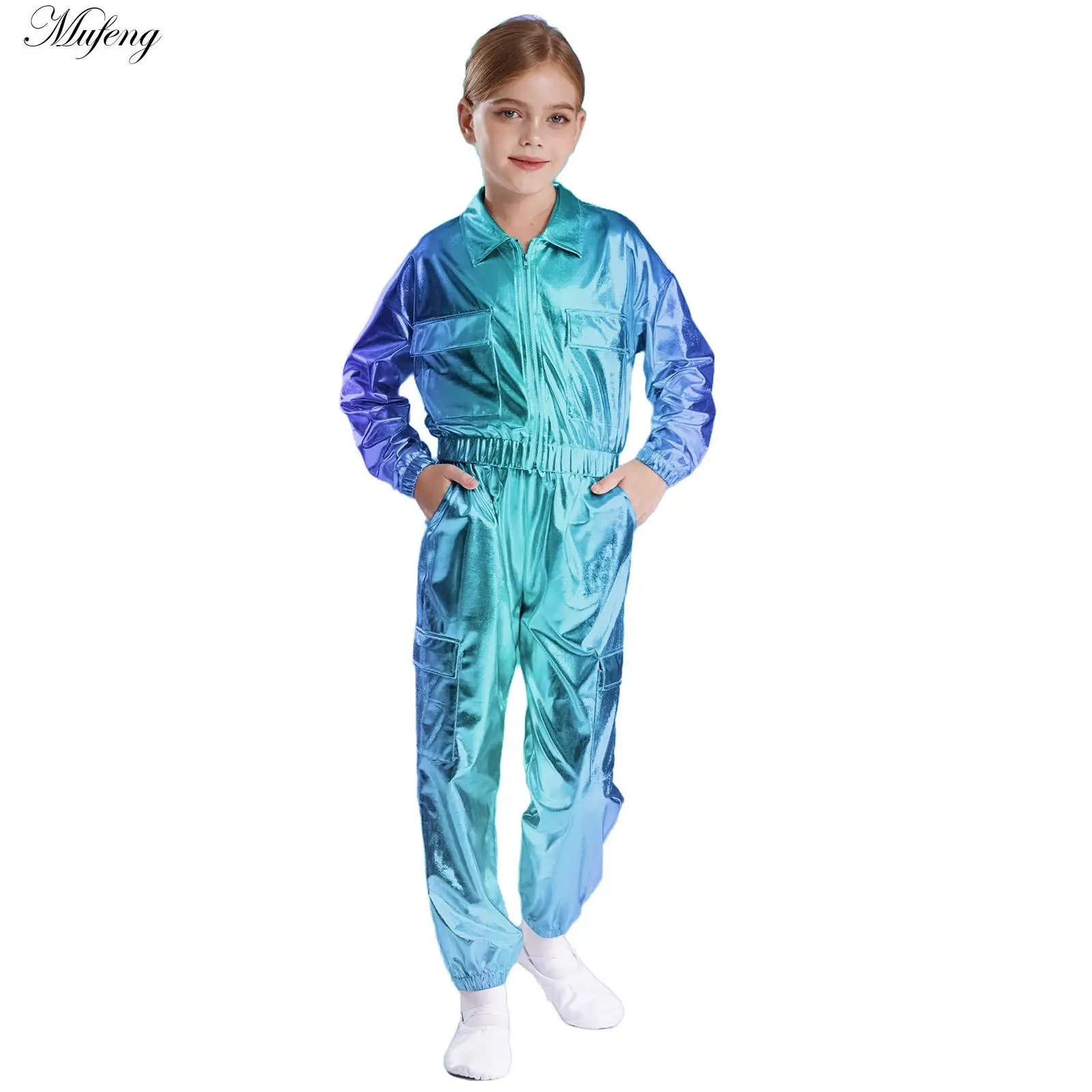 Teen Boys Girls Hip-Hop Jazz Hip-hop Dancewear Metallic Jacket Long Sleeve Outwear with Shiny Pants for Party Skateboarding Suit