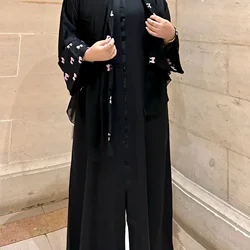 Abaya with Hijab Bows Embroidery Kimono Black Open Abayas for Women Dubai Luxury Turkey Muslim Party Dress Kaftan Islamic Outfit