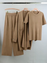 New Autumn Winter Women Knitted 3 Piece Set Long Cardigan Sweater + Short Sleeved Tops and Wide Leg Pants Fashion Elegant Suits