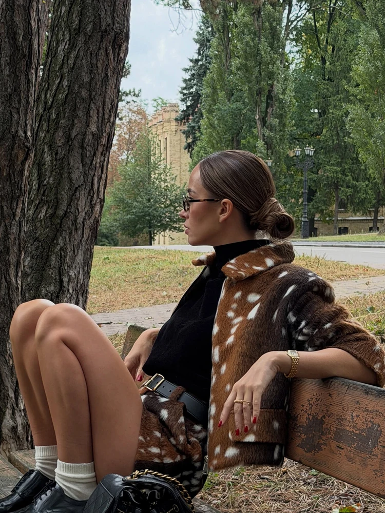 Bambi Deer Print Faux Fur Short Jacket Women Lapel Zipper Brown Spotted Fluffy Winter Coat Streetwear