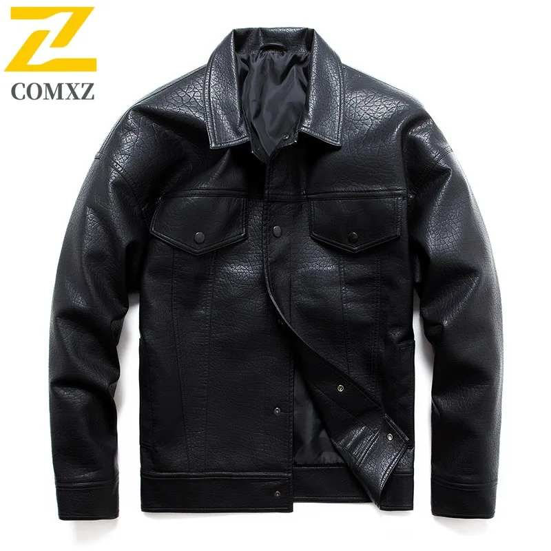 

COMXZ Mens Leather Jacket 2025 Stand Collar Hiking Travel Windproof Leather Coats Daily Style Lightweight Autumn New Clothing