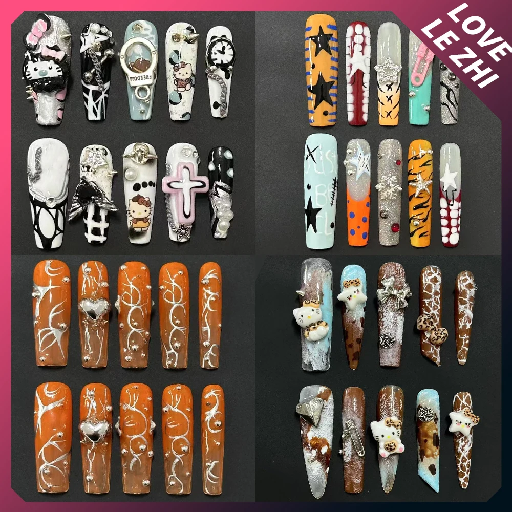 

Y2K Spicy Girl Style Duck-Bill Long Coffin Dragon Claw Reusable Press On Nail 3D Pearl Bowknot Diamond Full Cover Nails Gifts
