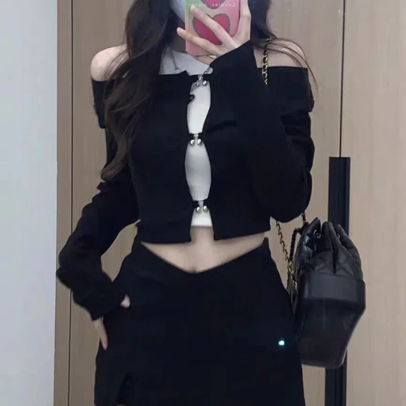 Crop Top Women 2 Pieces Set Long Sleeve T Shirt Tank Top Sexy Hollow Out Y2k Tshirt Streetwear Tee Korean Reviews Many Clothes