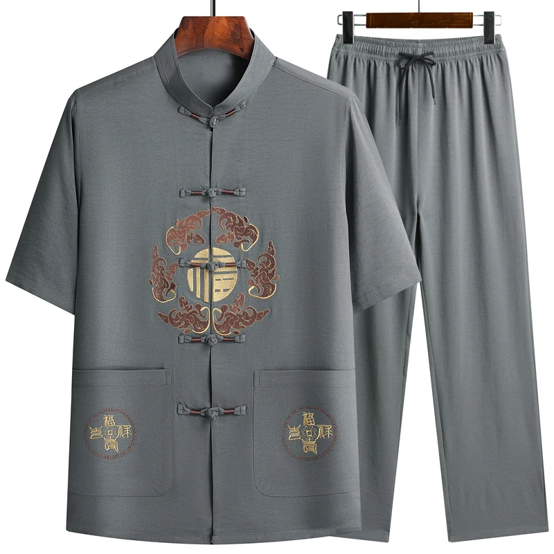 Conjunto de traje Tang de manga corta para hombre, pantalón largo, bordado de dragón tradicional, Kung Fu, seda satinada, Wu Shu, Tai Chi, nuevo