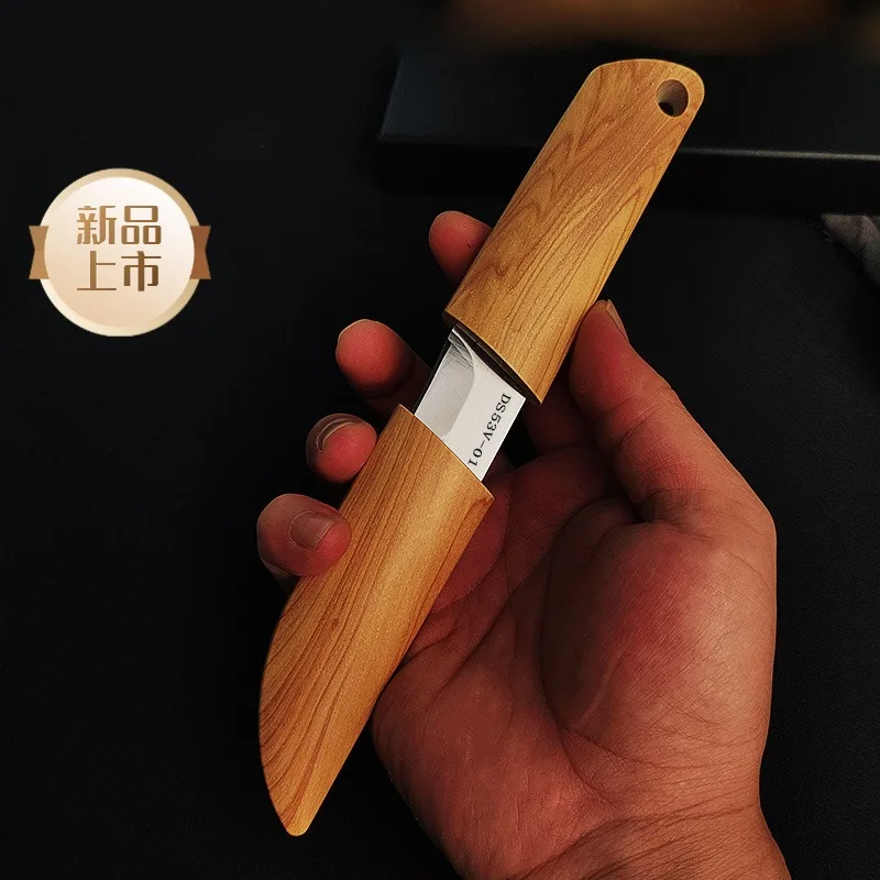 Blade EDC Kitchen Fruit Imitation Wood Handle Knife with Wooden Sheath Outdoor Camping Multifunctional Unpacking Knife