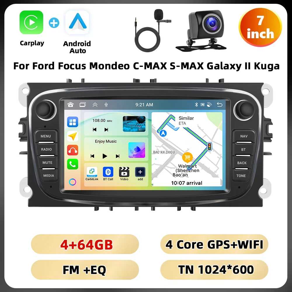 Podofo 7 ''Android Multimedia Speler Voor Ford Focus Mondeo C-MAX S-MAX Galaxy Ii Kuga Gps Navigatie 2 64G Carplay Android Auto - afbeelding 1
