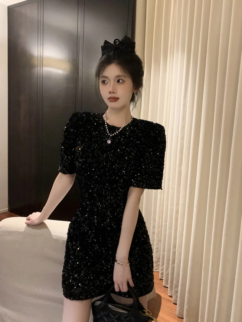 Velvet  Dress Shiny Sequin Women\'s Fashion High Waist A-Line Skirt Short Dress Spring Summer New Arrival Luxury Sensation