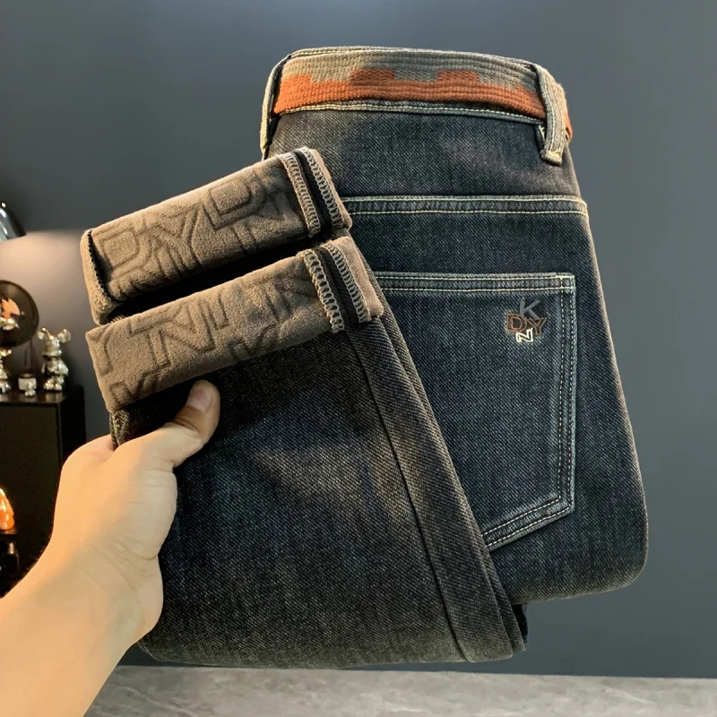 Fashionable printed jeans for men in winter 2025, cold resistant with thick fleece, men's clothing, slim fit elastic pants