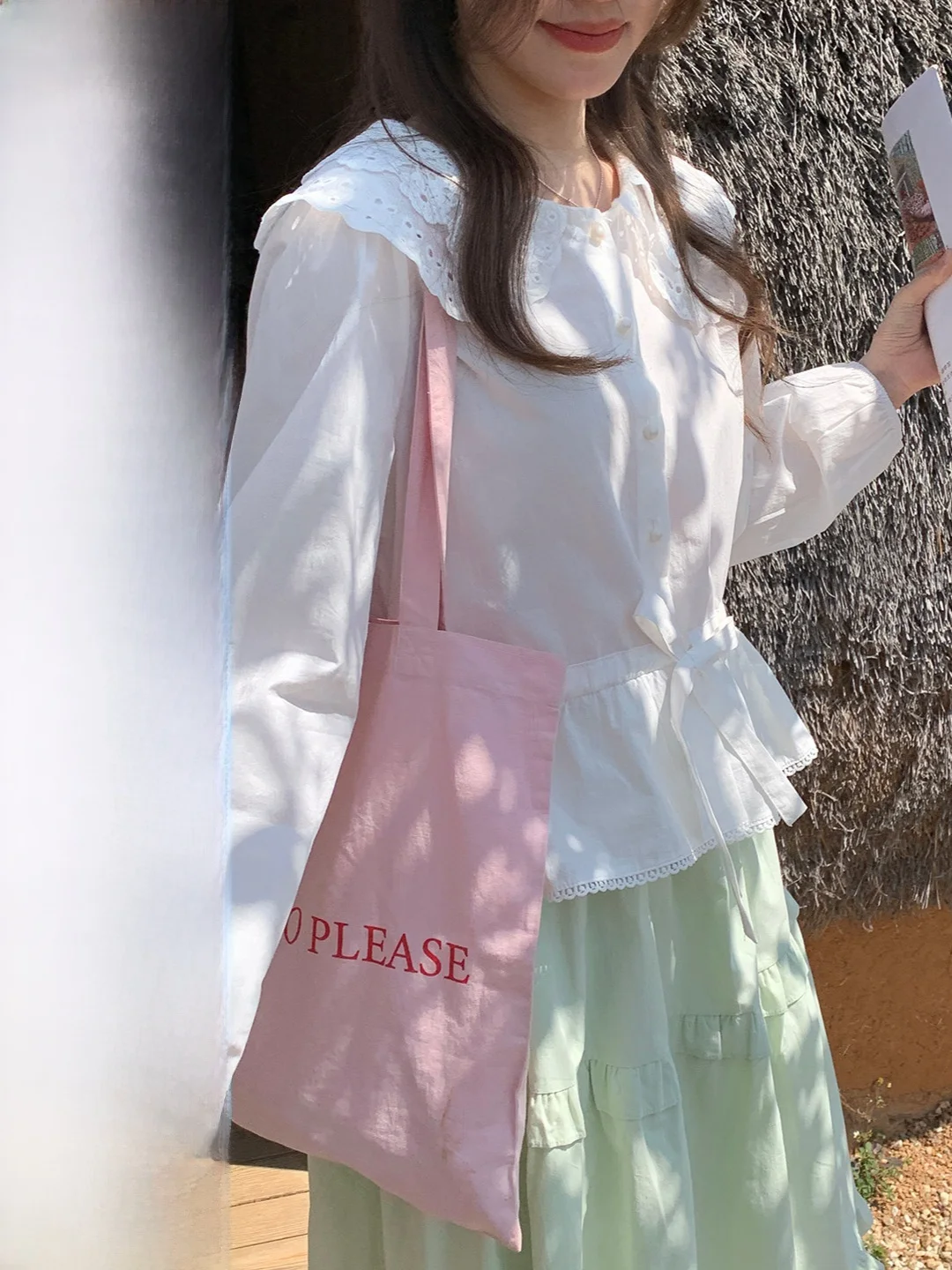 

French Sle Dstring Waist irt Double Layer Turn-down Collar Women's Loose Fit Cotton irt Long Sve Pure Color