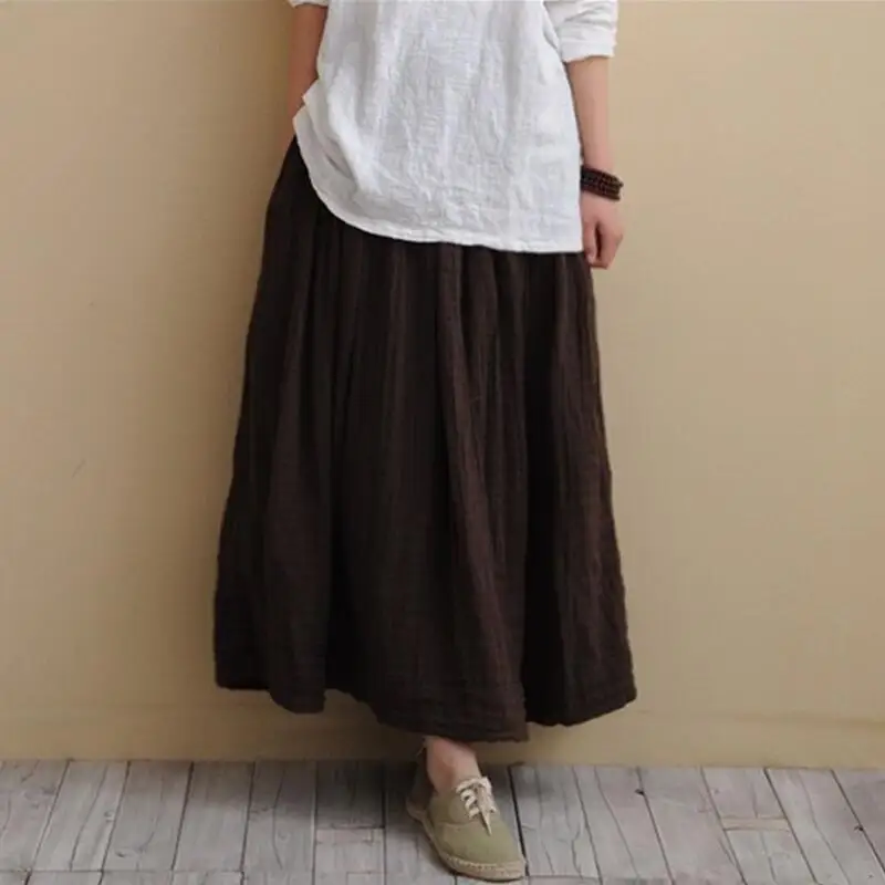 Autumn 2026 New Vintage Cotton Linen Pleated Skirts Women Long Maxi Tulle Solid Casual Skirt Elastic Waist Chic Vintage Clothes