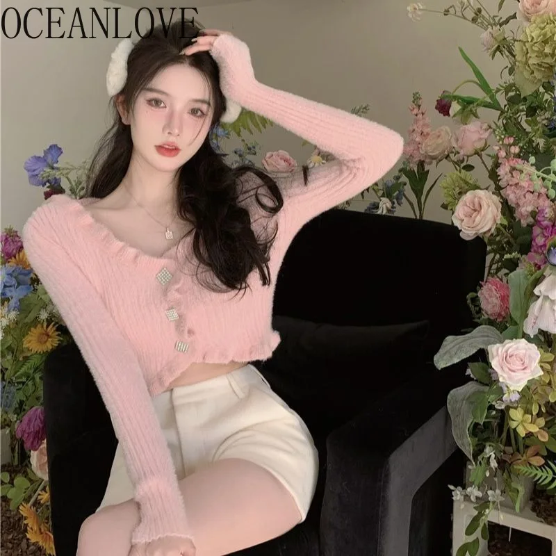 

OCEANLOVE нерегулярные короткие кардиганы, однотонные осенне-зимние женские свитера с v-образным вырезом, корейская мода, повседневные свободные сексуальные Sueter Mujer