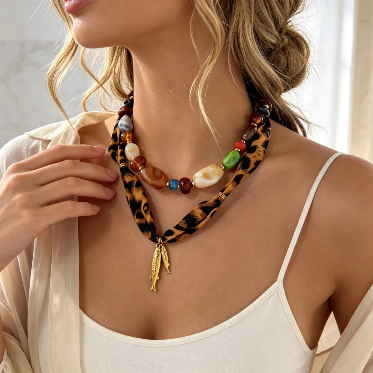 Leopardenmuster-Schalband-Halskette mit Acrylperlen und Edelstahl-Fischanhänger für Damen, Maillard Unregelmäßiger Perlen-Choker-Schmuck – Detail 7