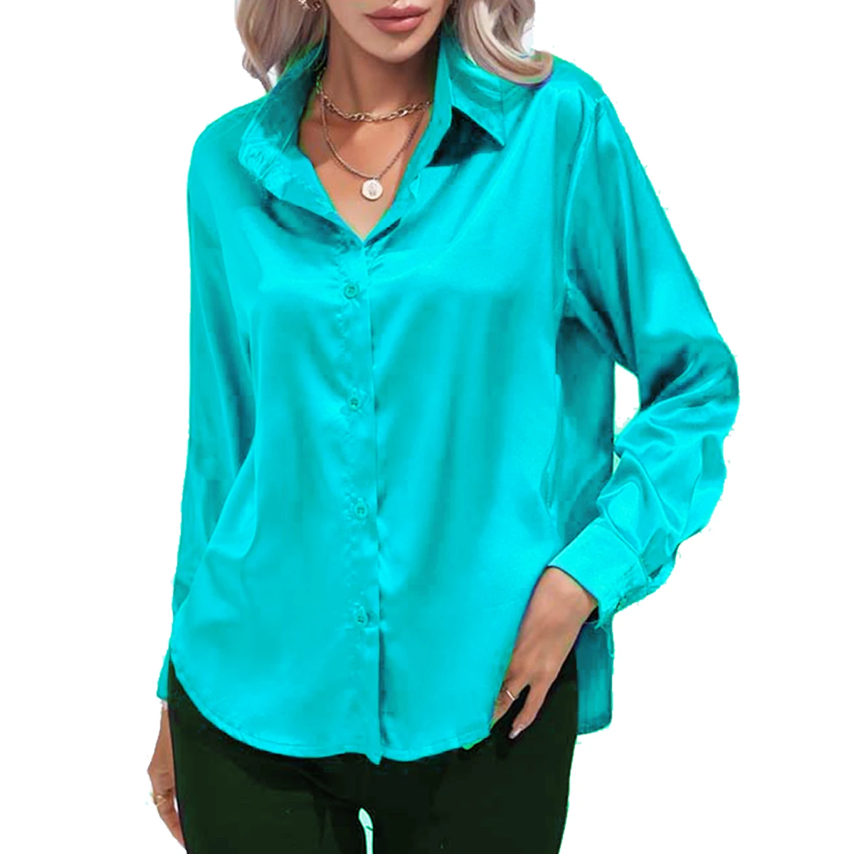 Oversize Silk Shirts Women Solid Plain Blue Green Teal Peacock Blue Turquoise White Black Red Blouse Long Sleeve Tops Barry Wang