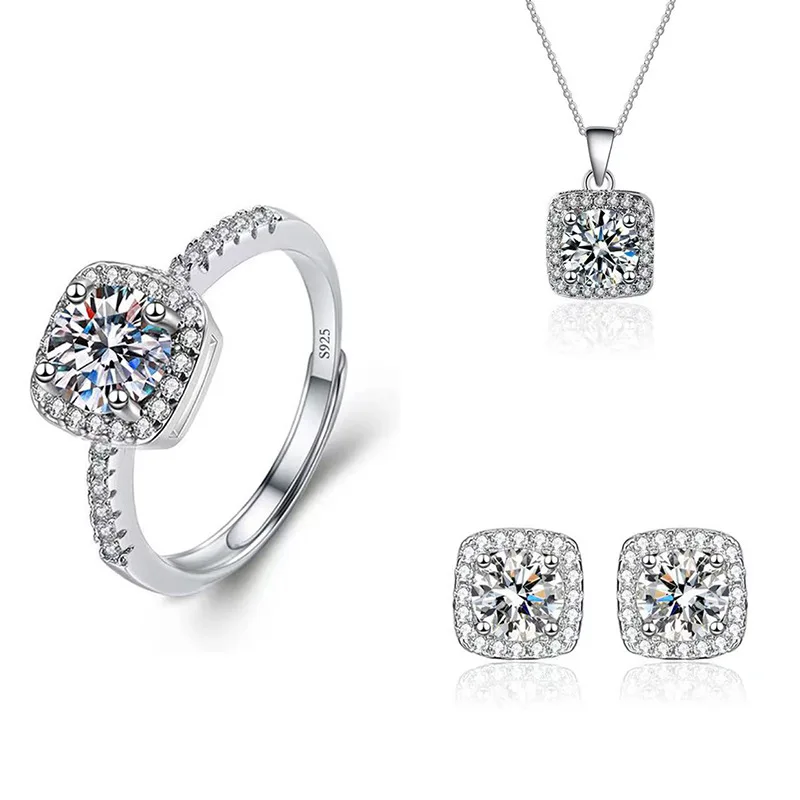 D VVS1 EX Imitation Mosonite Mosonite Zircon Engagement Weekend Year 925 Plated Sterling Silver Ring Necklace Earrings Set of 3