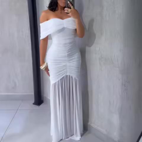 Foldover Off Shoulder Ruched Cinched Waist Minimalist Evening Dress Slim Fit Mermaid Hem Party Dress