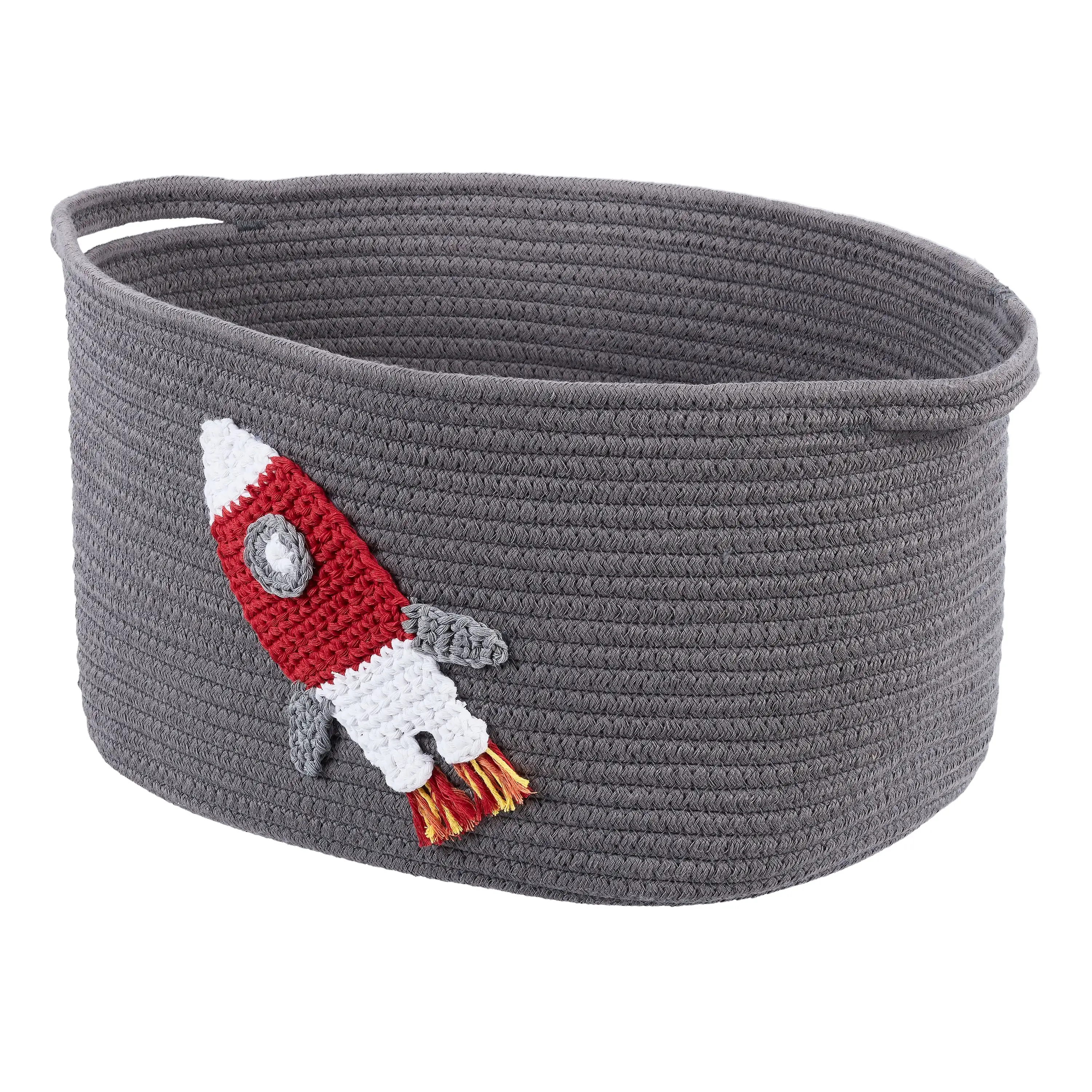 

Cotton Rope Rectangle Tote Bin, Rocket Ship Crochet Applique