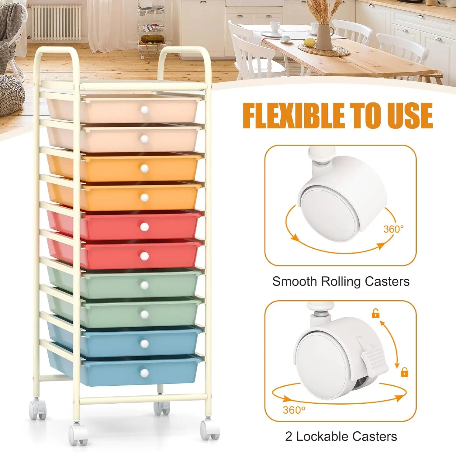 10-Drawer Rolling Storage Drawer Cart, Utility Cart with Removable Drawers & Metal Frame, Mobile Art Craft Drawer Cart