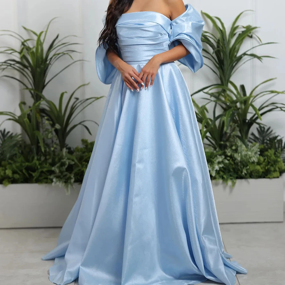 

Customized High Quality Draped Strapless Floor Length A-Line Evening Dress Satin Off The Shoulder Sweep Train платье вечернее