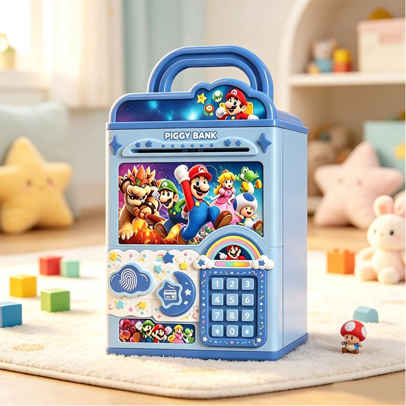 Kawaii Mario Piggy Bank Fingerprint Password Auto Scroll Cash Colorful Light Music Bilingual Educational Money Box Kids Toy Gift