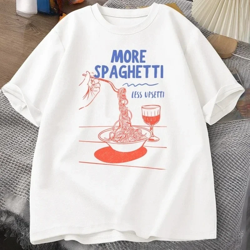 More Spaghetti Less Upsetti T Shirt Women Pasta T-Shirt Mental Health La Dolce Vita Tshirt Fun Graphic Aesthetic Clothes Y2K Top