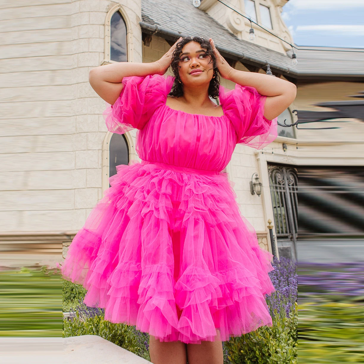 Vestidos de baile rosa chique para mulheres, altura do joelho, manga em camadas, vestidos de festa curtos, fotografia de menina