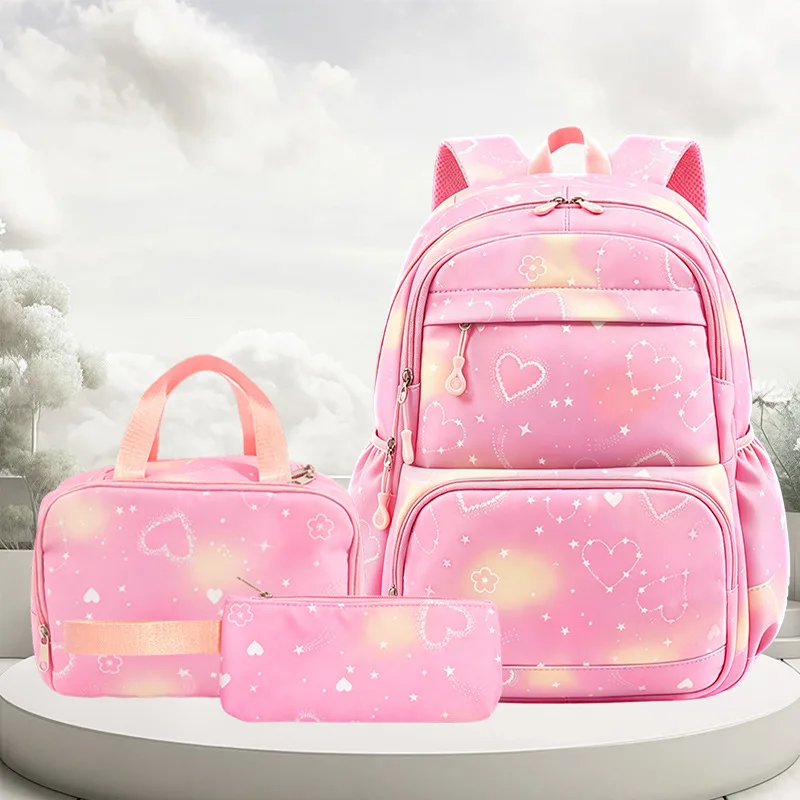 3pcs Backpack Set Nylon Heart Star Print Bag Korean Ins Style High School Student Casual School Bag