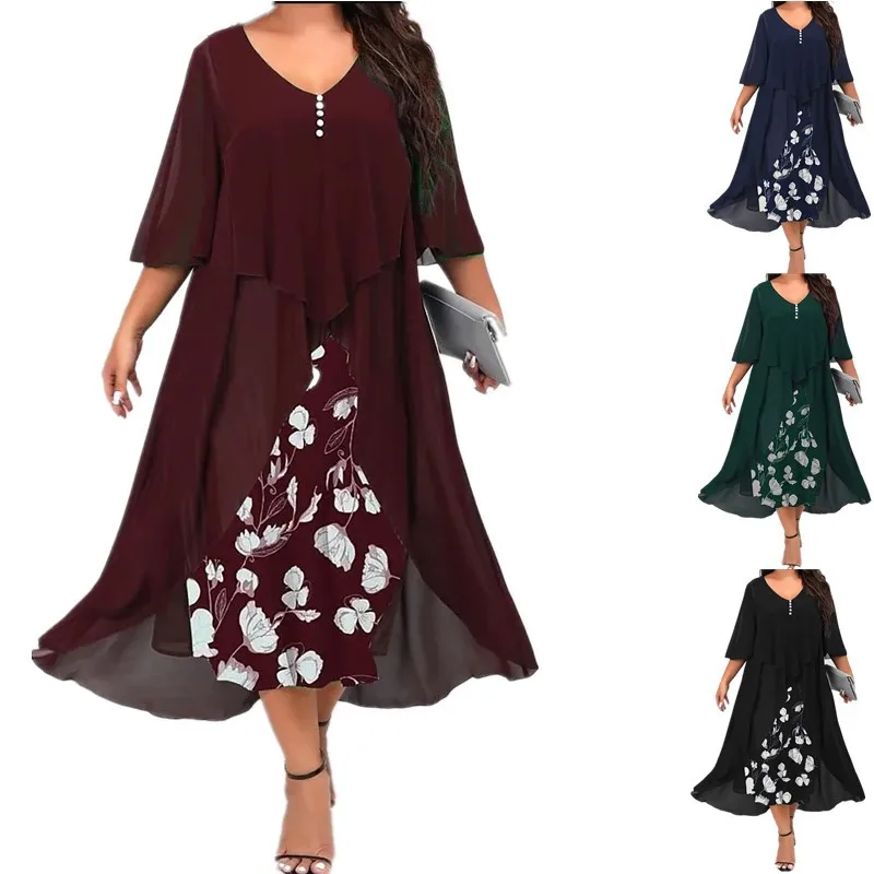 Spinning And Splicing Fake Two Irregular Mid Sleeved Dresses For Women Vacation Floral O Neck 3/4 Sleeve One Piece Dress Robes