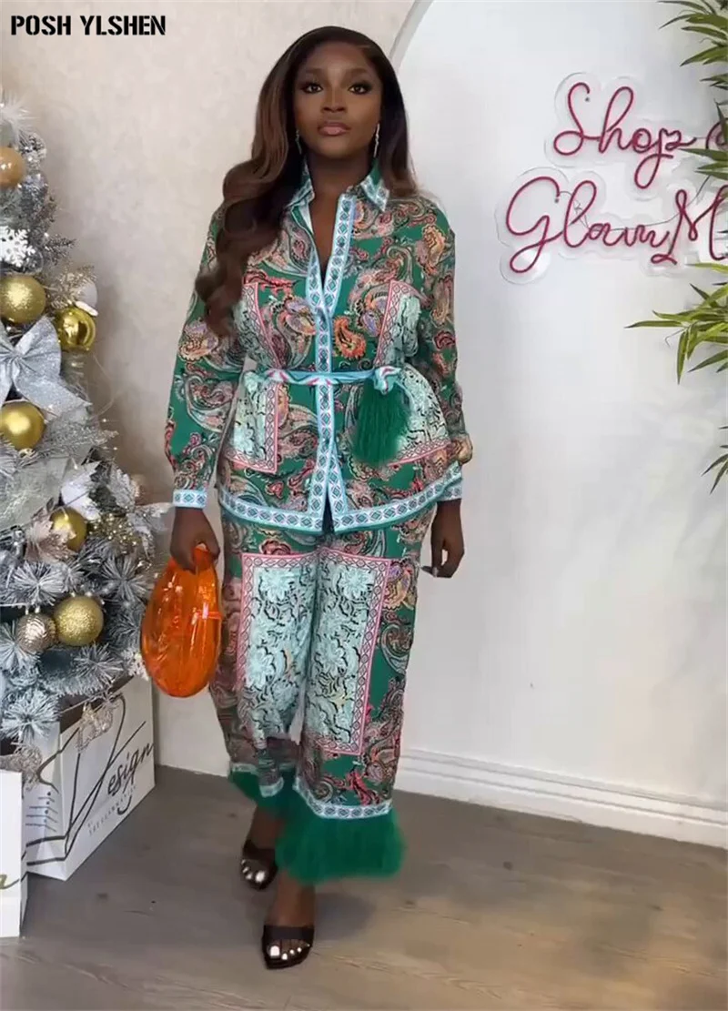 Plus Size Tassel Print African Clothes for Women Ankara Dashiki 2 PCS Set Outfits 2024 Sprint Fashion Tops Pants Trousers Suits