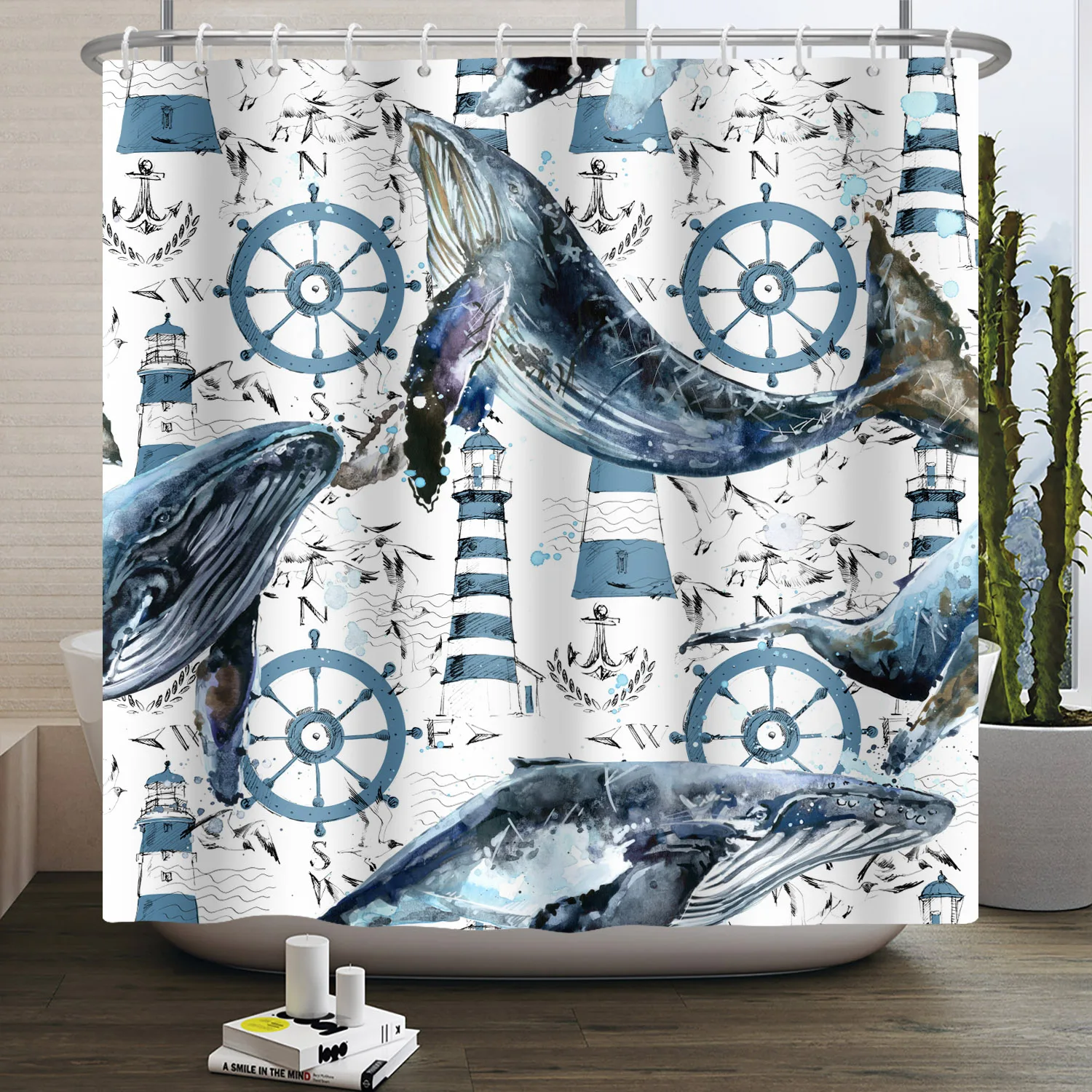 Whale Sea Animal Pattern Shower Curtain Coral Seashell Shell Bathroom Hanging Hooks Waterproof Opaque Shower Curtain Partition