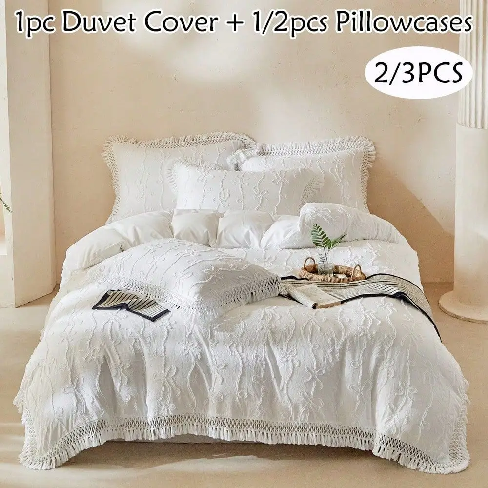 

3pcs Bohemian Style White Bow Tufted Jacquard Duvet Cover Set With Tassel, Vintage Embroidered Bedding, Soft Breathable, Machin