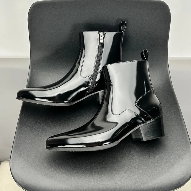 New Original Patent Leather Black Men High-heeled Boots Fashion Pointed toe British Style Genuine Leather Ankle Chelsea Boots