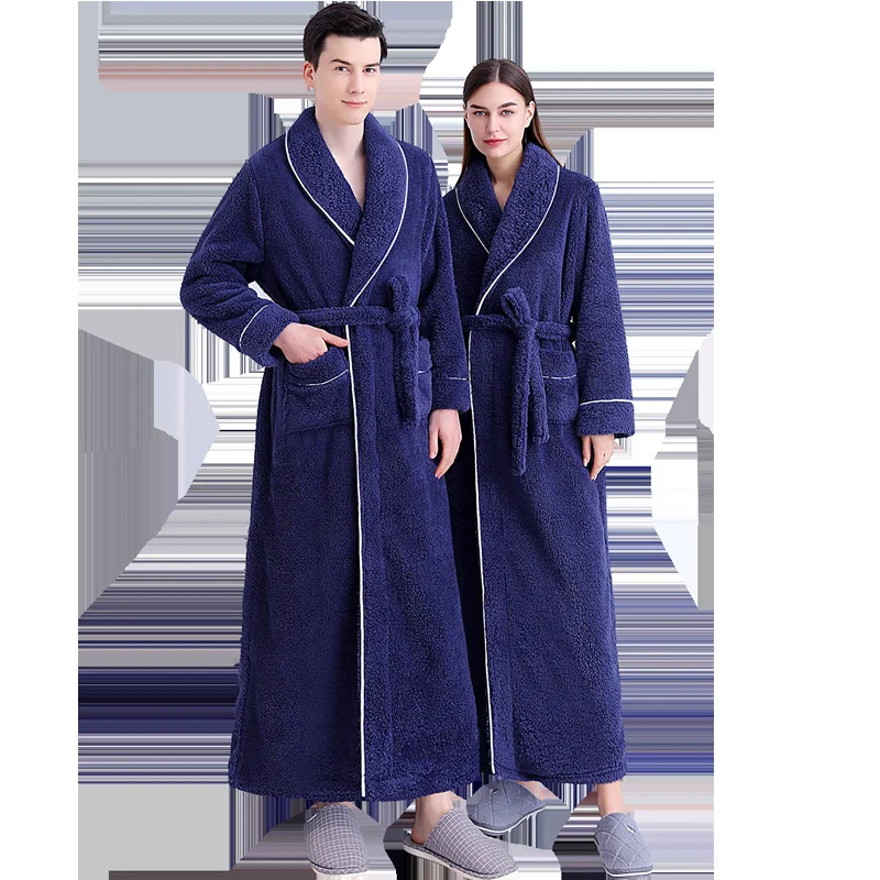 

Thickened Extended Plush Nightgown Coral Velvet Couple Robe Autumn Women's Sexy Bathrobe Men's Large Size Flannel Home Clothing