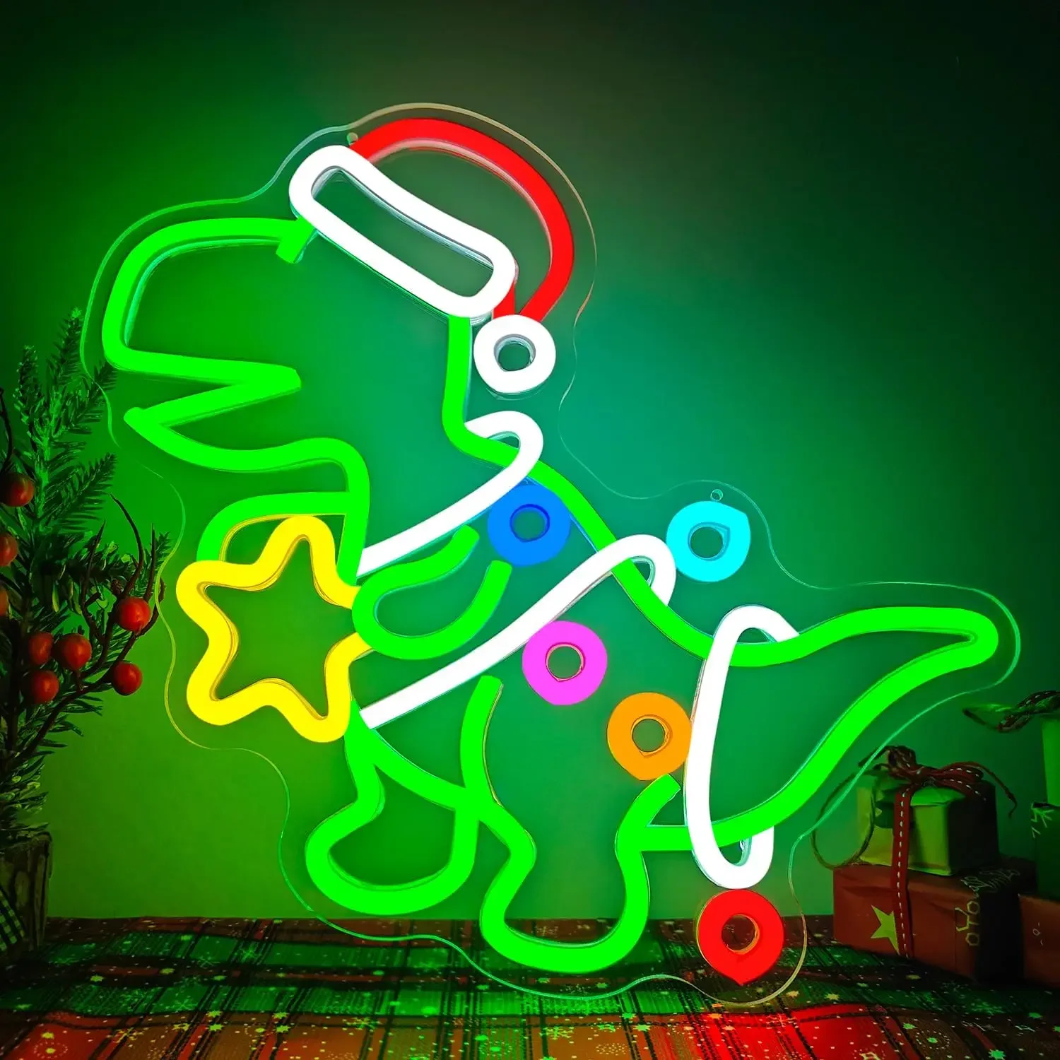 ﻿   عيد الميلاد ديناصور النيون تسجيل USB عكس الضوء LED ضوء النيون تسجيل جدار الفن الديكور ل غرفة نوم حفلة هدايا عيد الميلاد