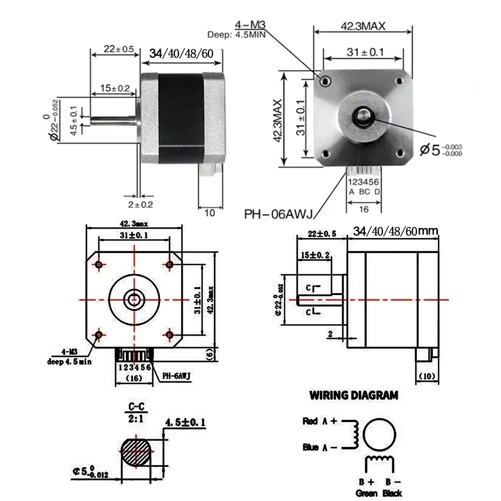 Kit de accionamiento de Motor paso a paso de bucle abierto Nema17, 0,28/0,42/0,56/0,7Nm, 4 conductores, 42 unidades paso a paso para impresora 3D DIY, Robot, grabador XYZ