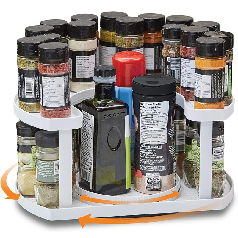 Two-Tiered Spice Organizer & Holder That Saves Space Keeps Everything Neat Organized & Within Reach With Dual Spin Turntables