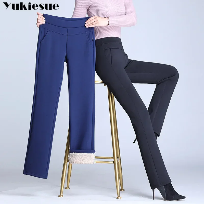 Women Winter fleece Warm Pants Velvet Thick Trousers High Waist Elastic Long Stretch Straight Casual Pants clothes S-4XL