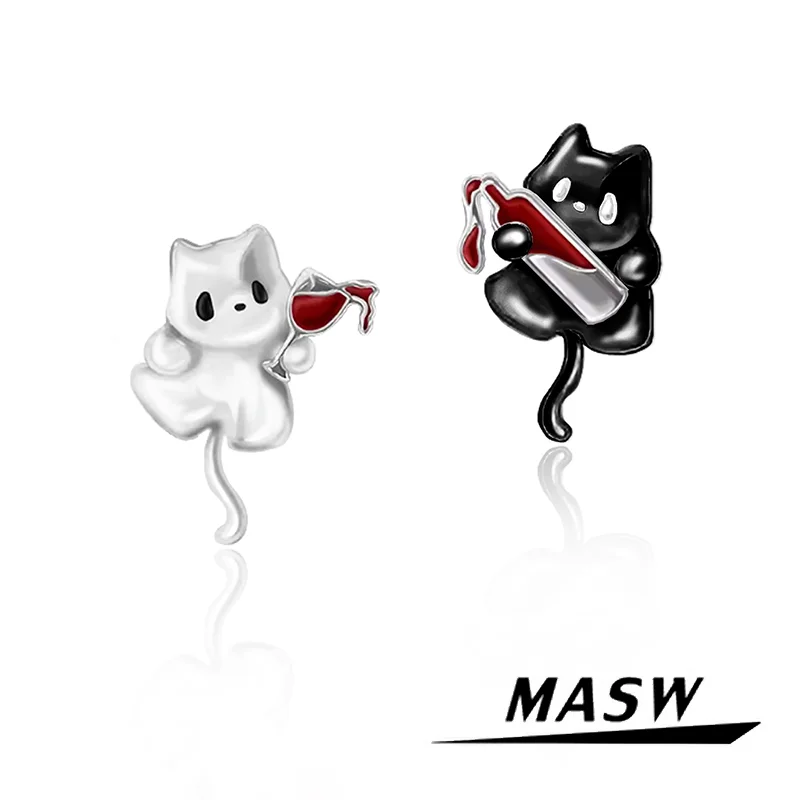 MASW Original Design Lovely Style One Layer Chain Black White Drinking Cat Stud Earrings For Girl Women Gift 2024 New