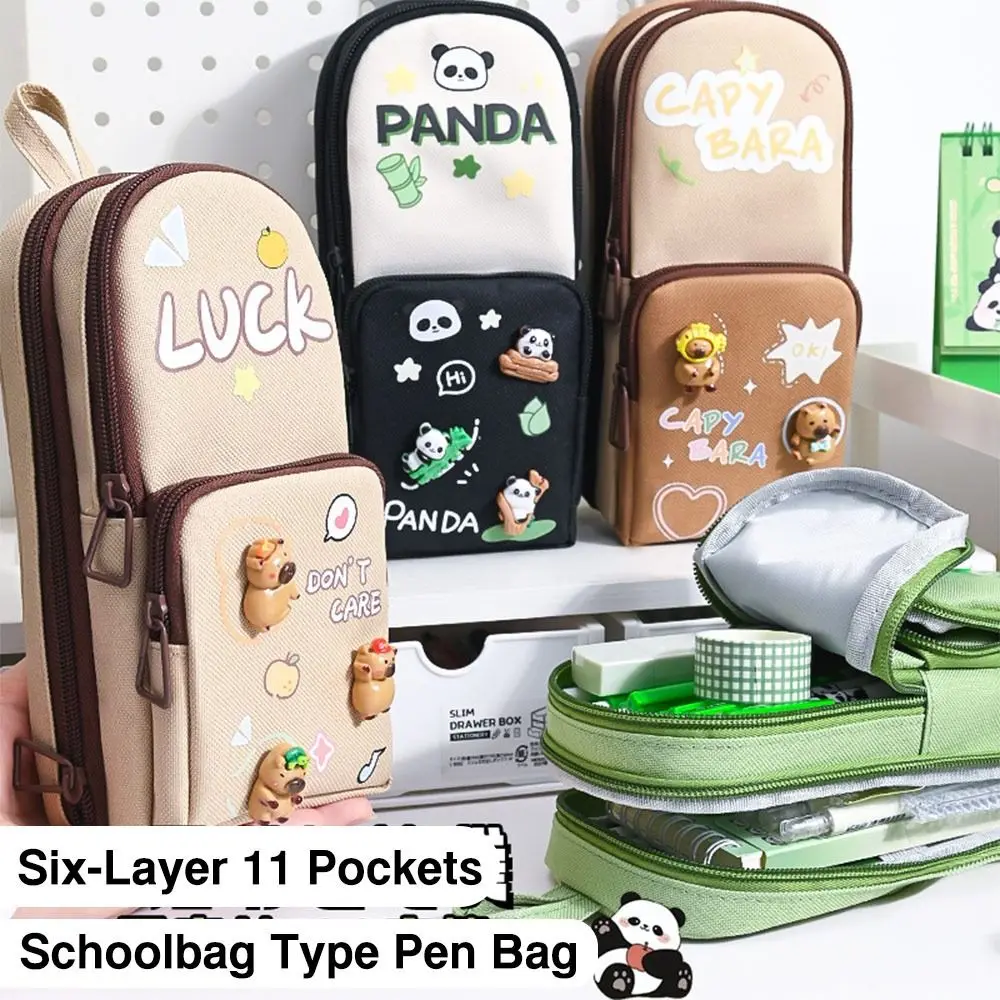 Cartoon Six-Layer 11 Pockets Pen Bag Schoolbag Type Panda Pencil Case Waterproof Large Capacity Storage Bag Student Gift