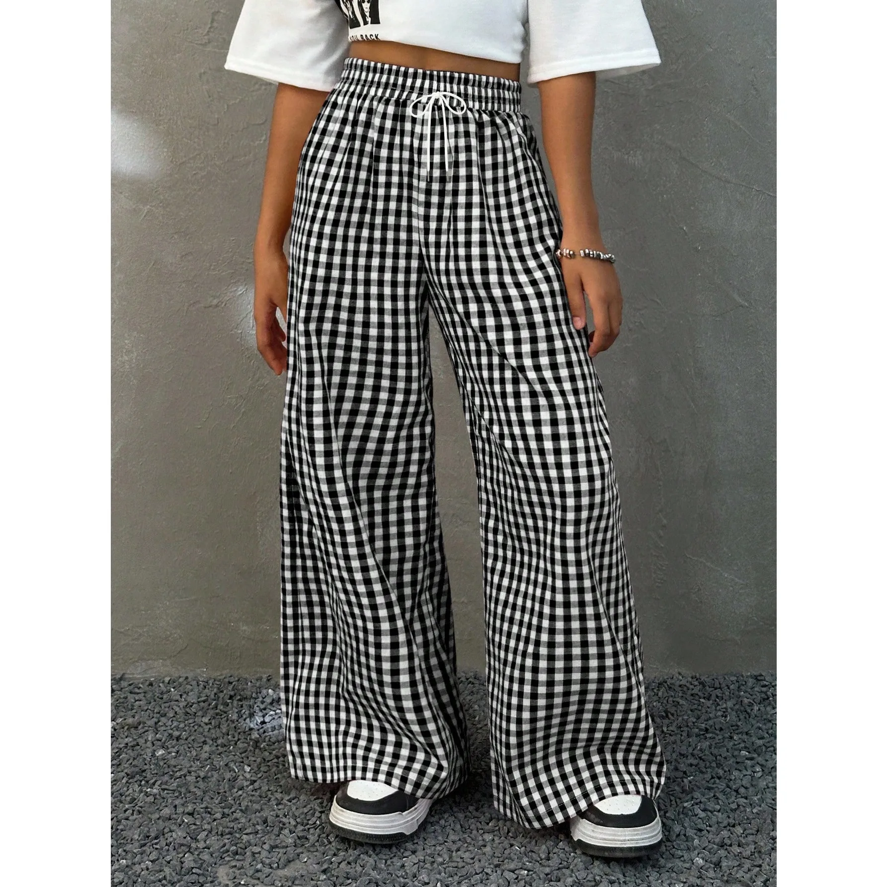 2026 Neuer Stil Schwarz-Weiß Karierte Weite Hose mit Elastischem Kordelzug, Lose Y2K Hip-Hop Streetwear Lässige Lange Hose für Kinder – Detail 5