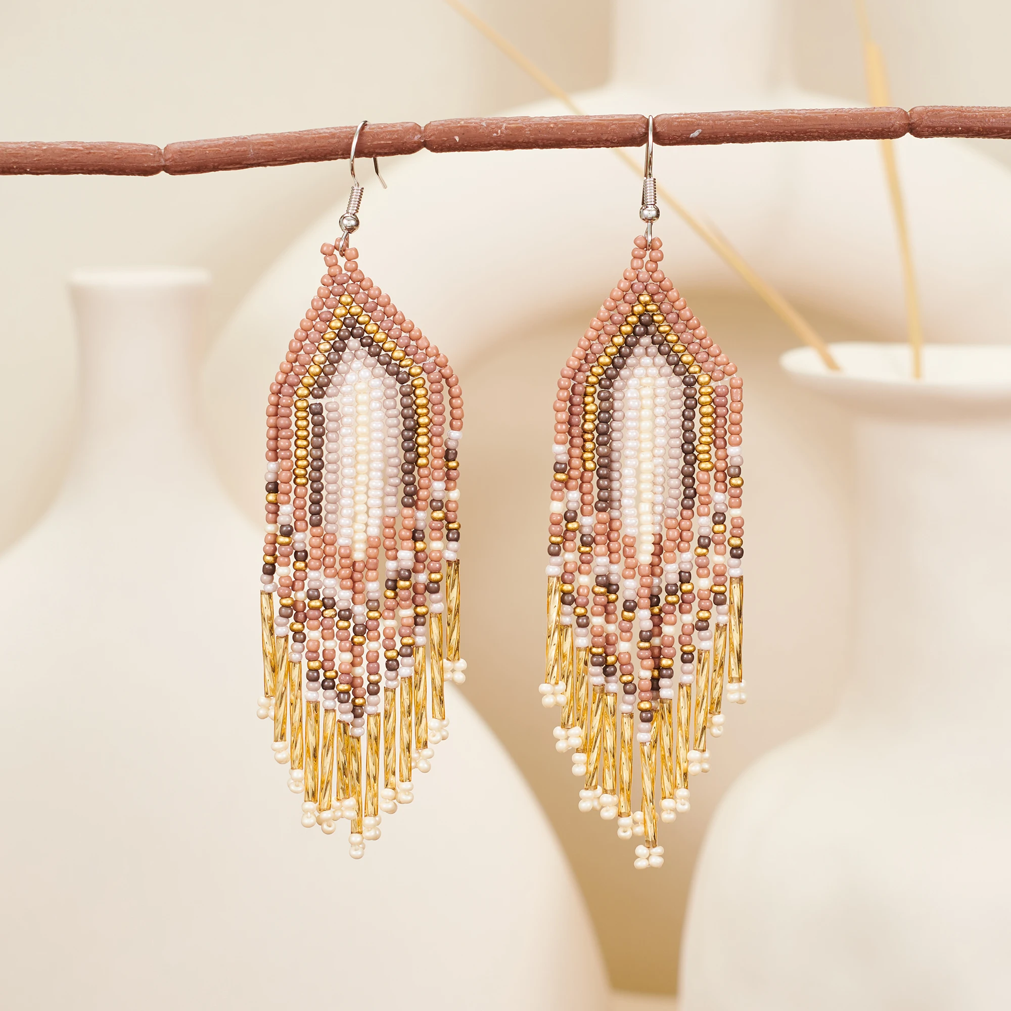 Bohemian style, hand-beaded tassel earrings