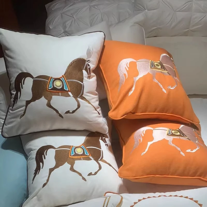 45x45cm 30x50cm Throw Pillow Embroidery Cushion Cover Horse Orange Color Luxury White Color Couch Pillow Without Core - view 3